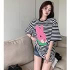Rabbit-embroidered Striped Loose T-shirt Stripe - One Size