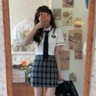Short-sleeve Badge Embroidered Shirt / Plaid A-line Skirt