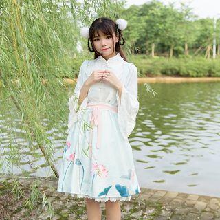 Lace Trim Bell-sleeve Blouse / Floral Print Suspender Skirt