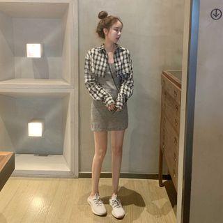 Cropped Plaid Shirt / Spaghetti Strap Dress