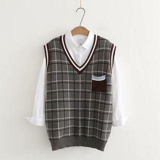 Contrast-trim Plaid Knitted Vest
