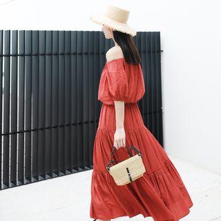 Set: Off-shoulder Elbow-sleeve Top + High Waist Midi A-line Skirt