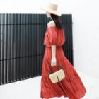 Set: Off-shoulder Elbow-sleeve Top + High Waist Midi A-line Skirt