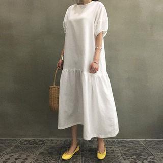 Balloon-sleeve Frill-hem Linen Blend Maxi Dress