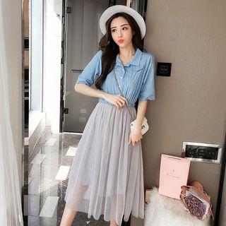 Mesh Panel Denim Short Sleeve Shirt Dress