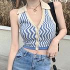 Halter Neck Button-up Knit Top Blue - One Size