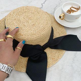 Beribboned Raffia Boater Hat Beige - One Size