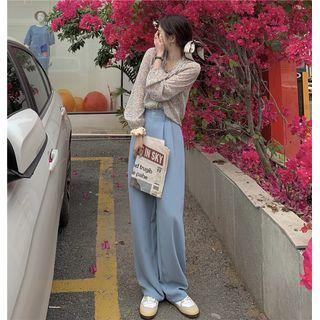 Long-sleeve Floral Print Chiffon Blouse / Wide Leg Pants
