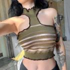 Halter Neck Striped Cut-out Crop Top