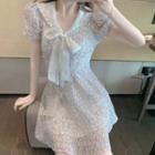Short-sleeve Sailor Collar Bow-front Floral Print A-line Dress