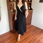 Short-sleeve Two-tone Maxi A-line Dress Black - One Size