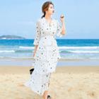3/4-sleeve Star Pattern Midi Tiered Dress