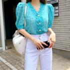 Pastel Puff-sleeve Lace Blouse