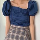 Square-neck Puff-sleeve Blouse Sapphire Blue - One Size