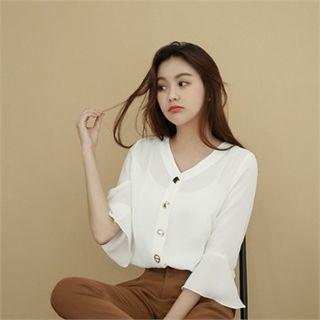V-neck Button-detail Chiffon Blouse