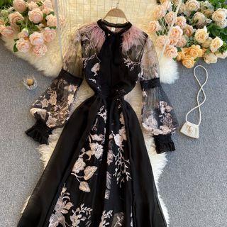 Long-sleeve Flower Embroidered Mesh Dress