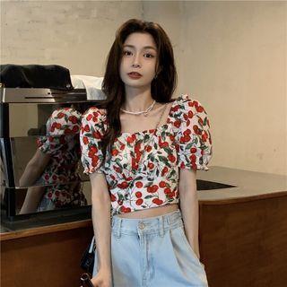 Cherry Print Square Neck Blouse White And Red - One Size