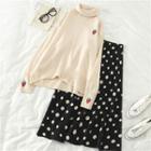 Strawberry Embroidered Mock-neck Sweater / Dot Skirt