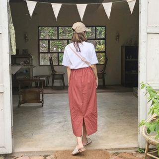 Band-waist Midi Skirt Brick - One Size