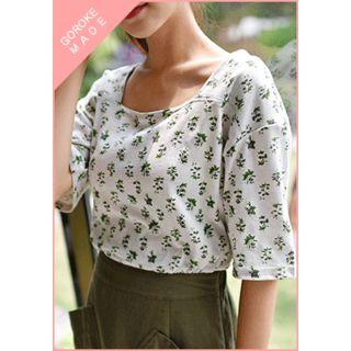 Square-neck Elbow-sleeve Pattern T-shirt