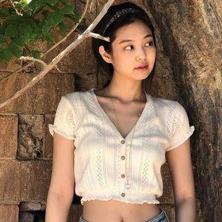 Short-sleeve Pointelle Knit Buttoned Crop Top