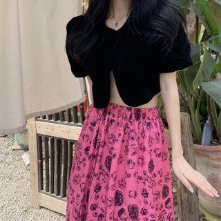 Puff-sleeve Velvet Top / Print Maxi A-line Skirt