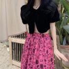 Puff-sleeve Velvet Top / Print Maxi A-line Skirt