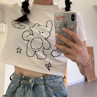 Short-sleeve Cropped Cartoon Print T-shirt