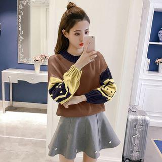 Set: Printed Color Block Sweater + Faux-pearl Detail A-line Skirt