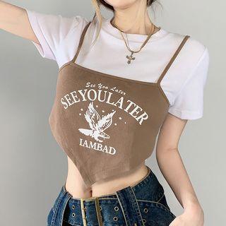 Short-sleeve Graphic Print Irregular Cropped T-shirt