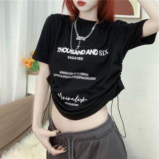 Short Sleeve Letter Print Drawstring Cropped T-shirt