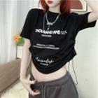 Short Sleeve Letter Print Drawstring Cropped T-shirt