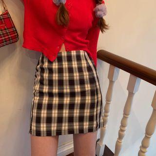 Slit-side Plaid Mini Pencil Skirt