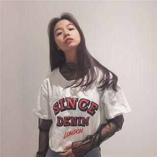 Mock Two Piece Mesh Panel Lettering Long Sleeve T-shirt