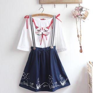 Cat Print Short-sleeve T-shirt / Suspender Skirt / Set