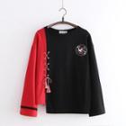 Two-tone Crane Embroidered Long-sleeve T-shirt Black - One Size