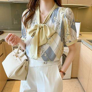 Short-sleeve Tie-neck Animal Print Blouse