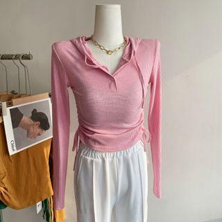 Plain Hooded Drawstring Cropped Top