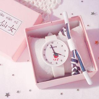 Set: Strawberry Print Strap Watch + Braided Bracelet