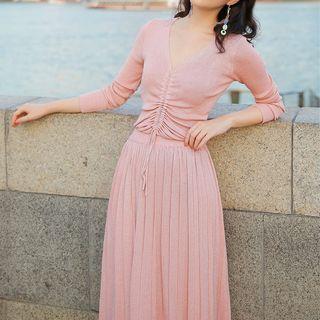 Set: Drawstring Knit Top + A-line Midi Knit Skirt