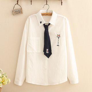 Cat Embroidered Long-sleeve Shirt With Tie
