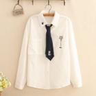 Cat Embroidered Long-sleeve Shirt With Tie