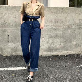 Elbow-sleeve Denim Panel Straight-leg Jumpsuit