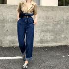 Elbow-sleeve Denim Panel Straight-leg Jumpsuit