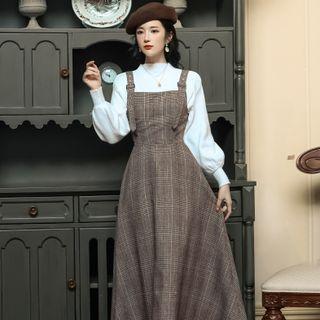 Set: Puff-sleeve Sweater + Plaid Overall Dress
