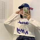 Lettering Cartoon Print Long-sleeve Cropped T-shirt