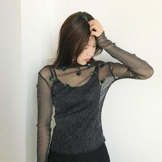 Sequined Mock Neck Long Sleeve Mesh Top