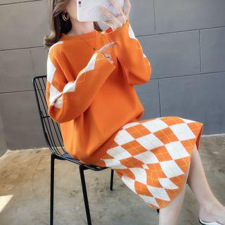 Set: Argyle Sweater + Midi Argyle Knit Skirt