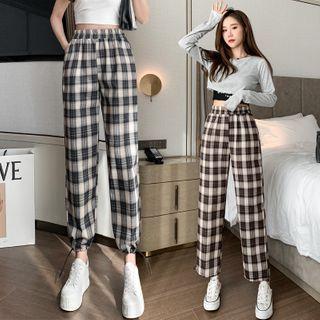 High-waist Plaid Drawstring-cuff Cropped Pants