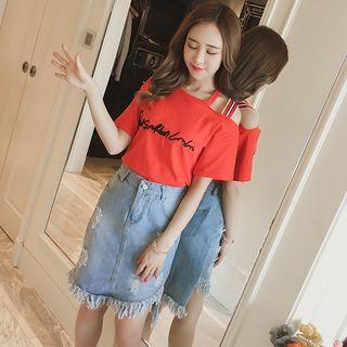 Set: Spaghetti-strap Top + Ripped Denim Skirt